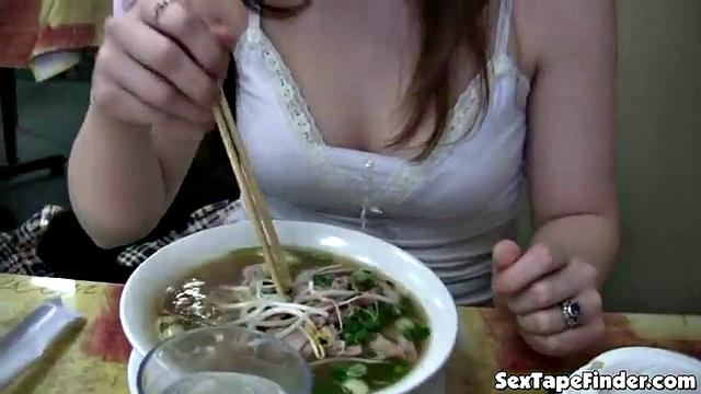 Teen gets naughty sucking cock in public