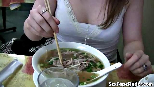 Teen gets naughty sucking cock in public