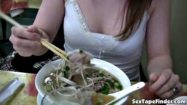 Teen gets naughty sucking cock in public