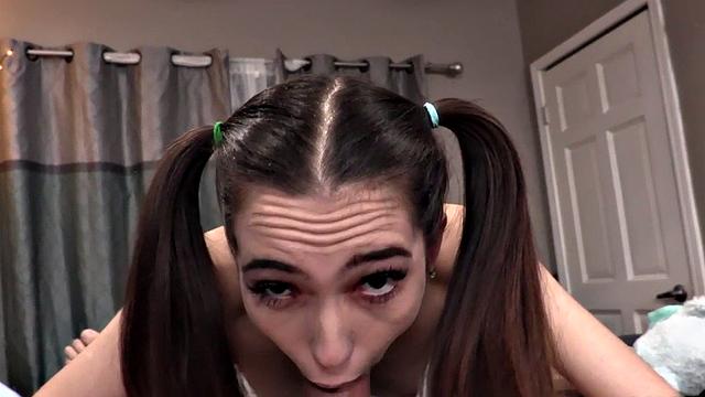 A tattooed teen in stockings give a POV blowjob before getting fucked hard