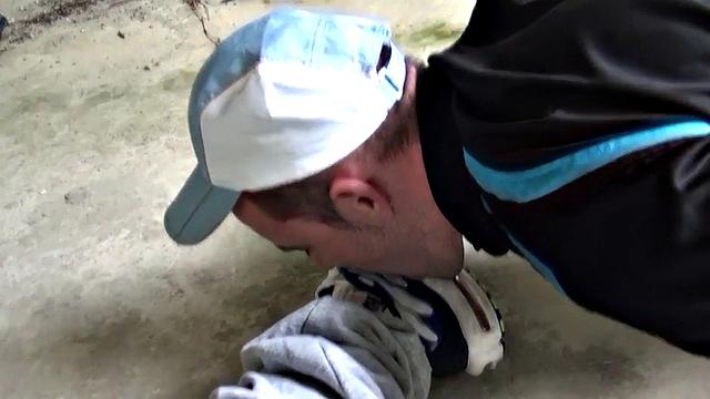 Sneakers fetish gay sucks big cock outdoor