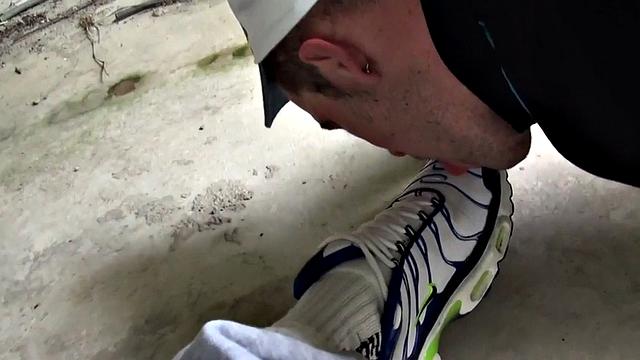 Sneakers fetish gay sucks big cock outdoor