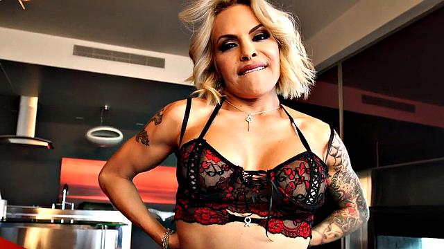 Big TS Latin MILF in stockings rides cock in bareback sex