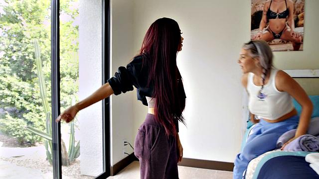 Latina and blonde lesbians explore each other's bodies in hot bedroom action