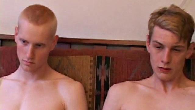 Richard, Kaos and Skylerr turn on some porn and start grabbing their crotches, before stripping naked. After passing the lube around they stroke their boners.