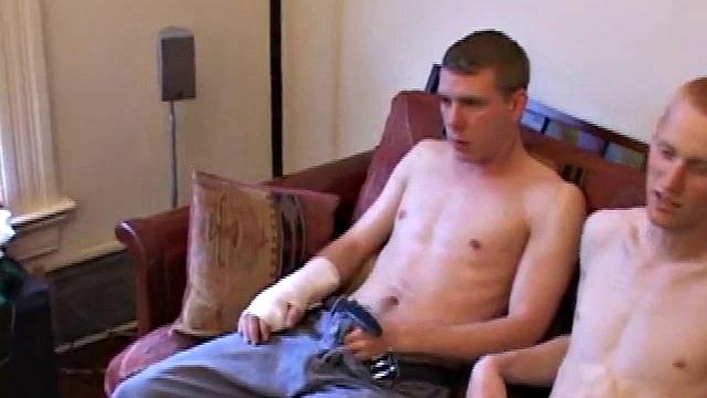 Richard, Kaos and Skylerr turn on some porn and start grabbing their crotches, before stripping naked. After passing the lube around they stroke their boners.