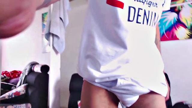 Juan slowly strips out of his T-shirt, as he works on getting himself hard. Once naked, the skinny and inked Latino kicks back and starts stroking his stiff dick.