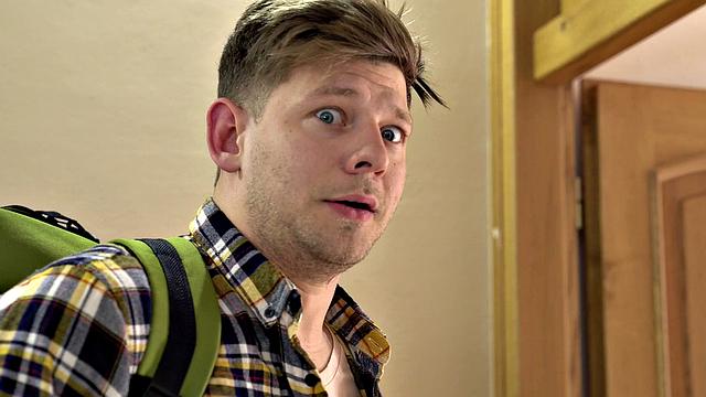 Blonde with earrings and brown hair gets stuck under bed and fucked hard