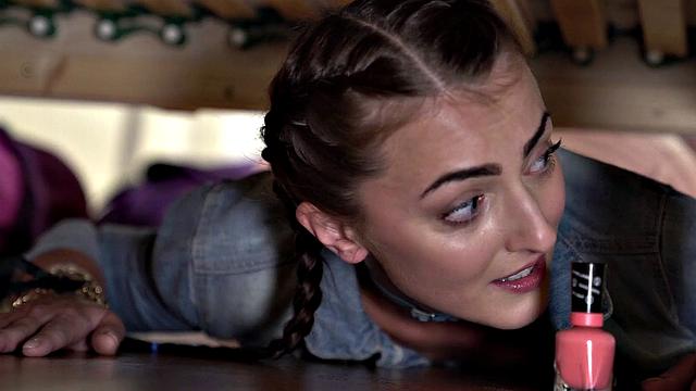 Blonde with earrings and brown hair gets stuck under bed and fucked hard