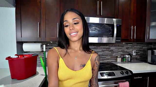 POV fuck with busty maid - BWC client gets a hot mouthful of Latin pussy