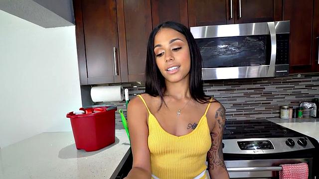 POV fuck with busty maid - BWC client gets a hot mouthful of Latin pussy