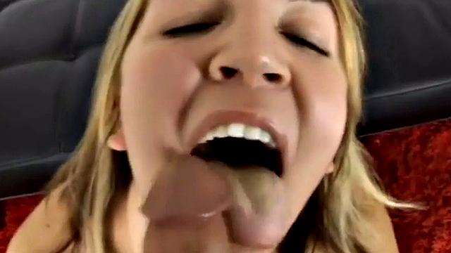 Petite blonde slut gobbles cock