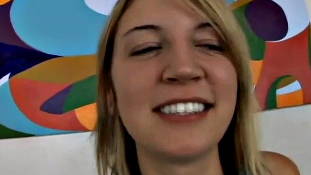 Petite blonde slut gobbles cock