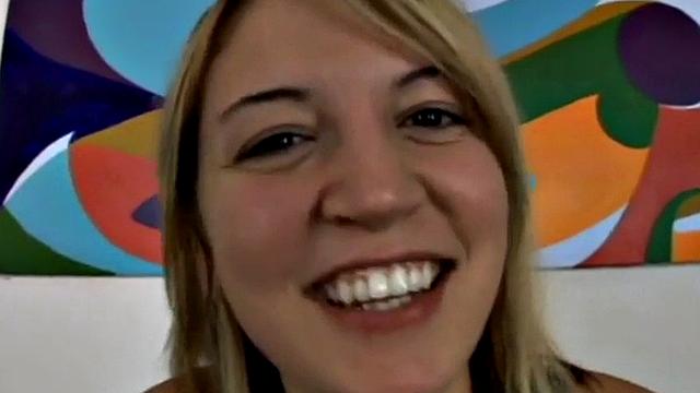 Petite blonde slut gobbles cock