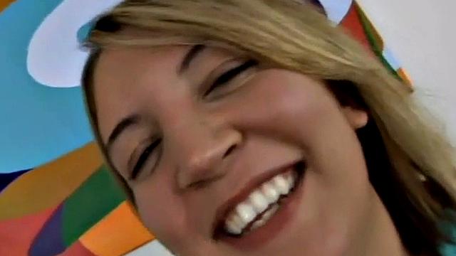 Petite blonde slut gobbles cock