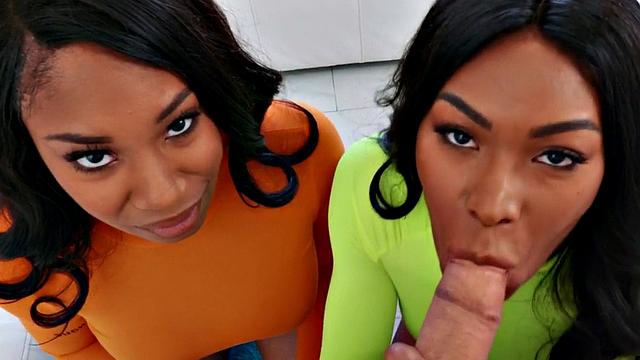 Bootylicious ebony BFFs share BFs cock in POV threesome action