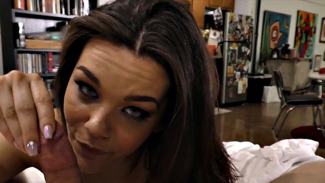 HJ POV babe with titties jerks cock and talks dirty