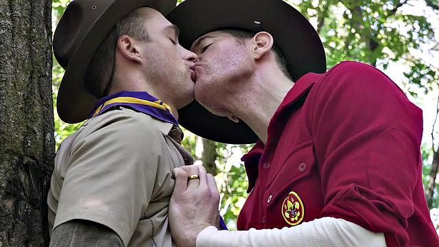 DILF scout fucks twink outdoors while voyeur watches