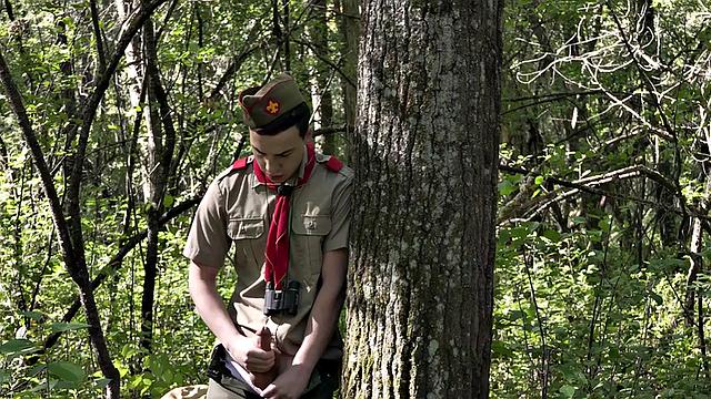 DILF scout fucks twink outdoors while voyeur watches