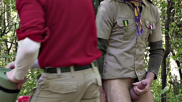 DILF scout fucks twink outdoors while voyeur watches