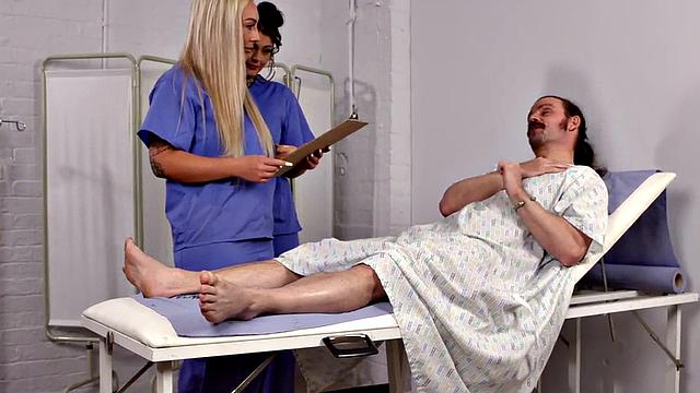CFNM nurses in uniform suck and patients cock in 3some