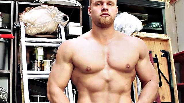 Str8 muscled jock wanks cock till cumshot in stockroom