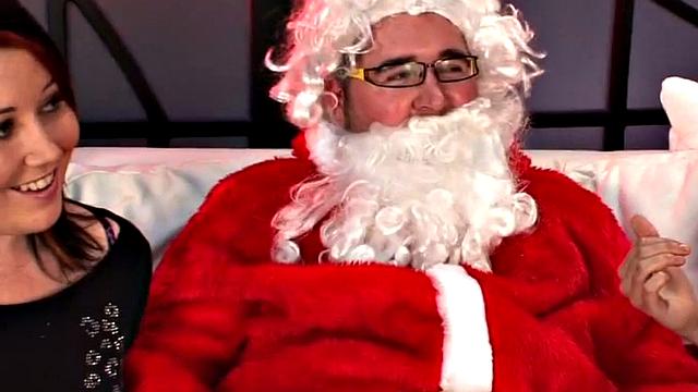 Big-boobed femdoms tugging Santa's micro penis