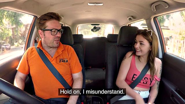 Tattoo babe publicly banged outdoor in car by driving tutor