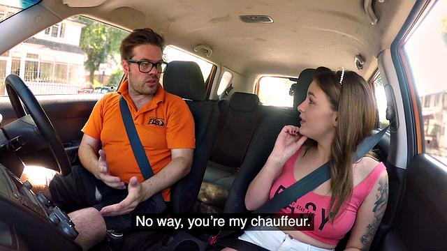 Tattoo babe publicly banged outdoor in car by driving tutor