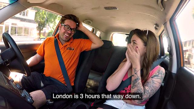 Tattoo babe publicly banged outdoor in car by driving tutor