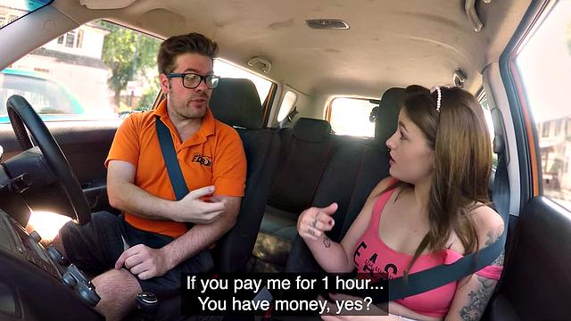 Tattoo babe publicly banged outdoor in car by driving tutor