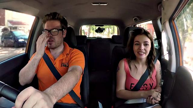 Tattoo babe publicly banged outdoor in car by driving tutor