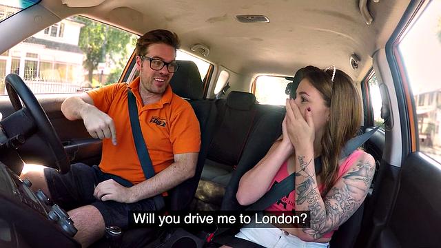 Tattoo babe publicly banged outdoor in car by driving tutor