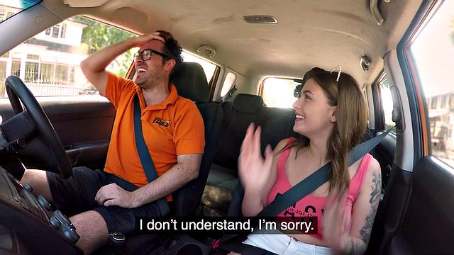 Tattoo babe publicly banged outdoor in car by driving tutor