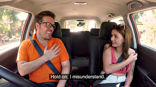 Tattoo babe publicly banged outdoor in car by driving tutor