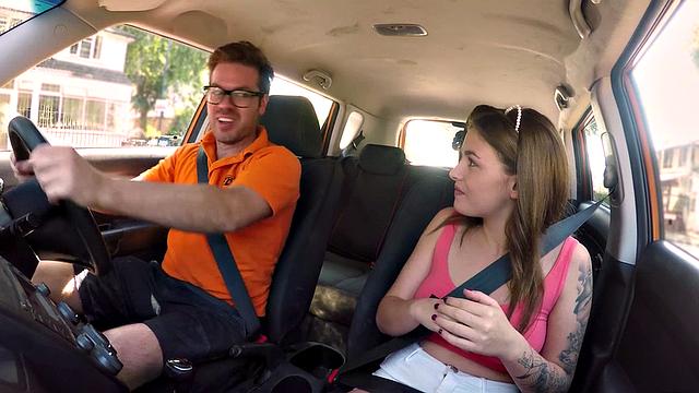 Tattoo babe publicly banged outdoor in car by driving tutor