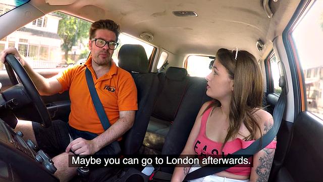 Tattoo babe publicly banged outdoor in car by driving tutor