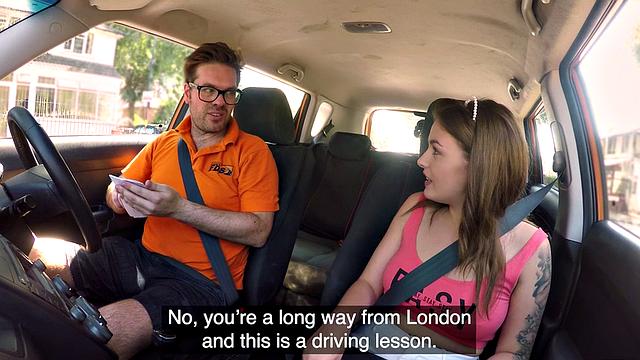 Tattoo babe publicly banged outdoor in car by driving tutor