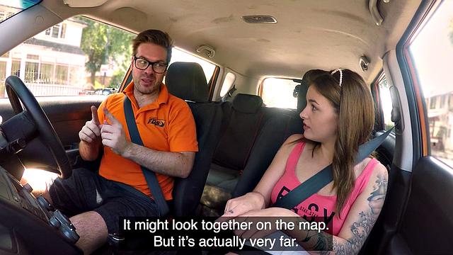 Tattoo babe publicly banged outdoor in car by driving tutor