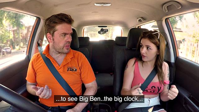 Tattoo babe publicly banged outdoor in car by driving tutor