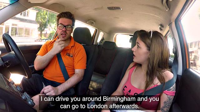 Tattoo babe publicly banged outdoor in car by driving tutor