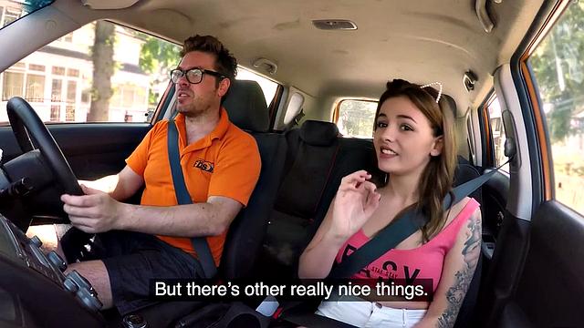 Tattoo babe publicly banged outdoor in car by driving tutor