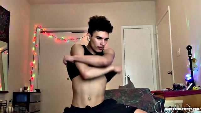 Rio Rodriguez is a slim and smooth Latin boy and we join him in his room for a hot solo. Stripped to his underwear, he pulls his stiff cock out the leg and waist band before getting naked.