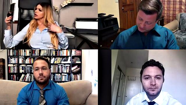 Solo busty MILF masturbates in office with toy