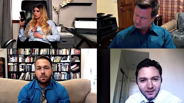 Solo busty MILF masturbates in office with toy