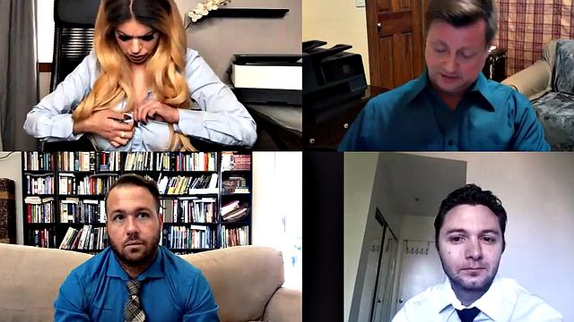 Solo busty MILF masturbates in office with toy