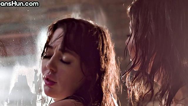 TS hunny fucks busty BFF in shower and licks her pussy