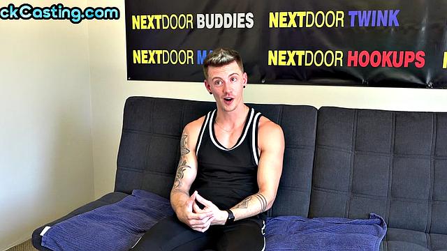Casting stud jerks cock and cums after giving interview