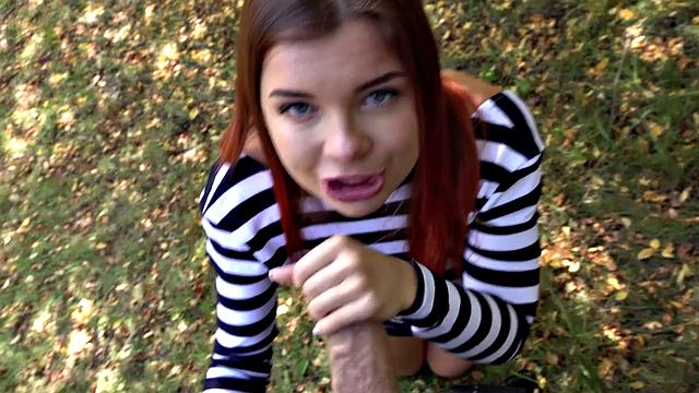 Check out this hot redhead deepthroating and getting fucked hard in POV outdoor action