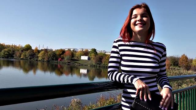 Redhead deepthroating teen POV closeup fucked 4 cash outdoor